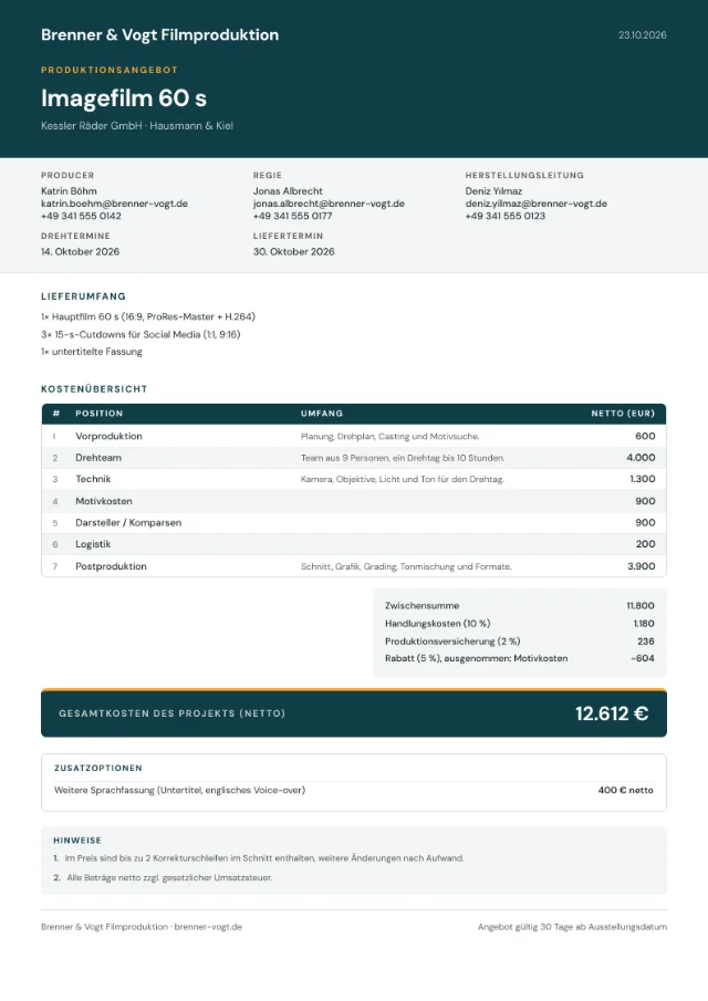 Erste Seite eines als PDF exportierten Angebots