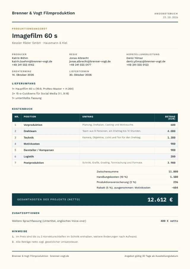 Beispielangebot im Layout Ledger columns