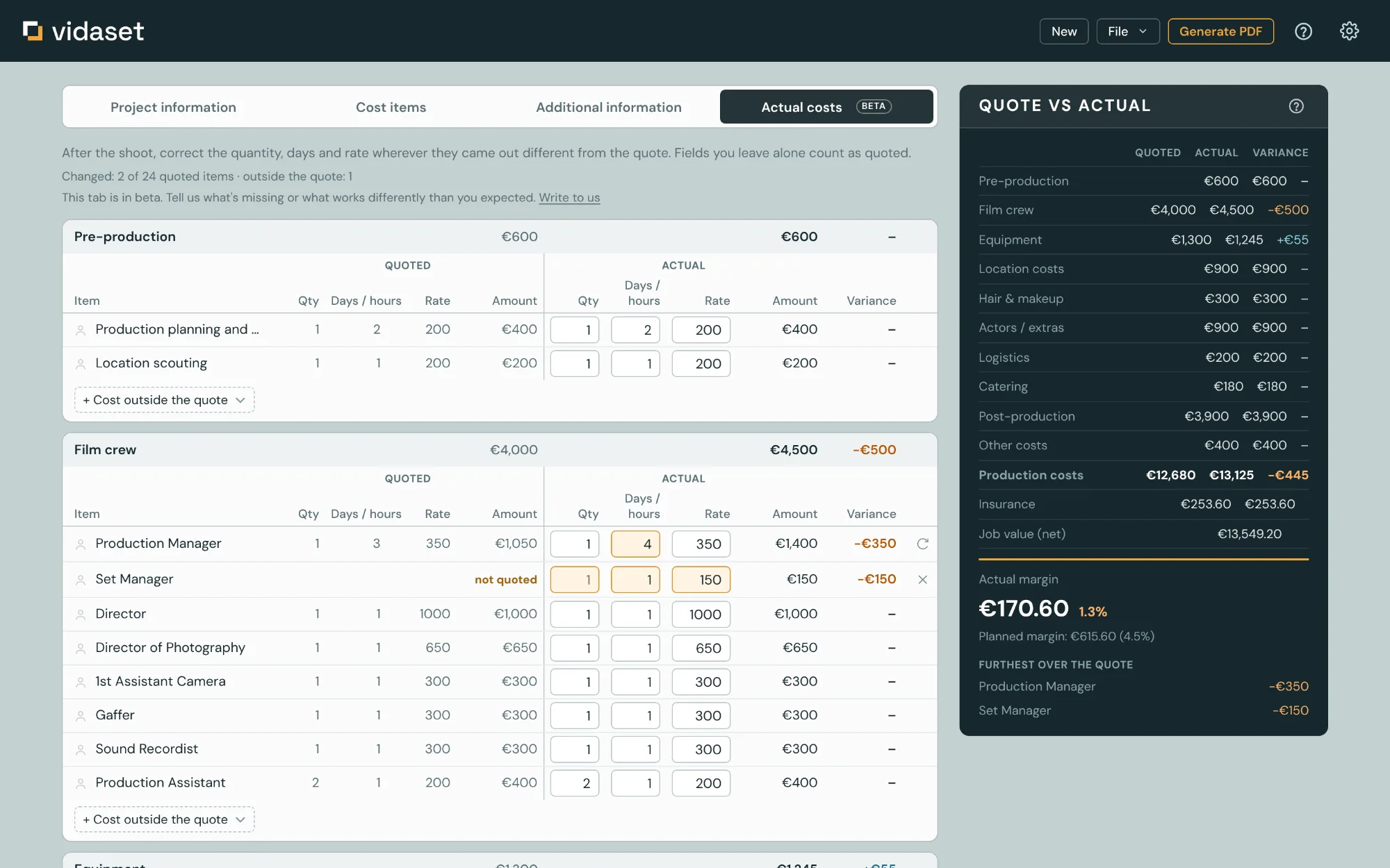 Actual costs tab with the variance on each line and the actual margin