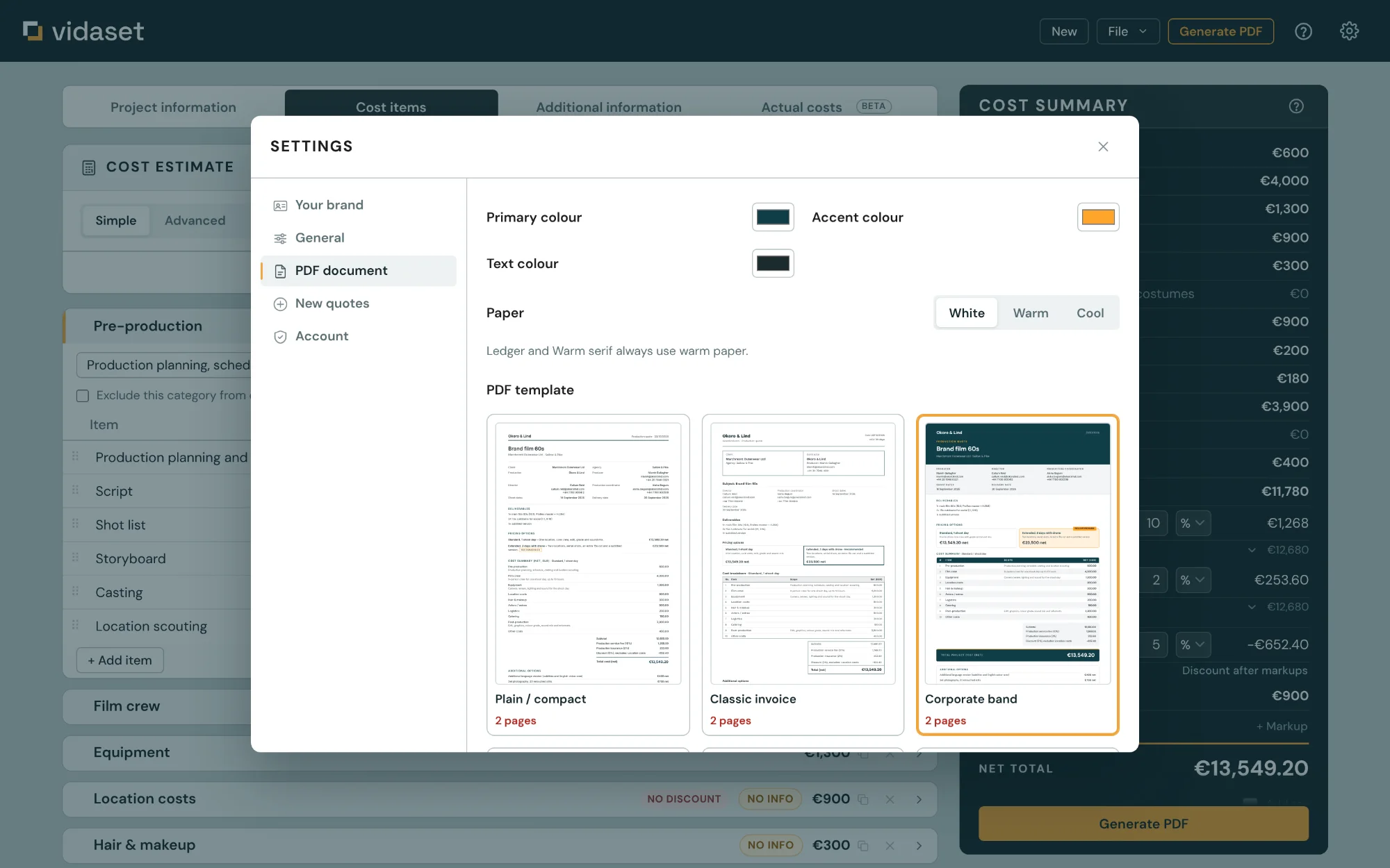 Document settings with colors, paper and layout picker