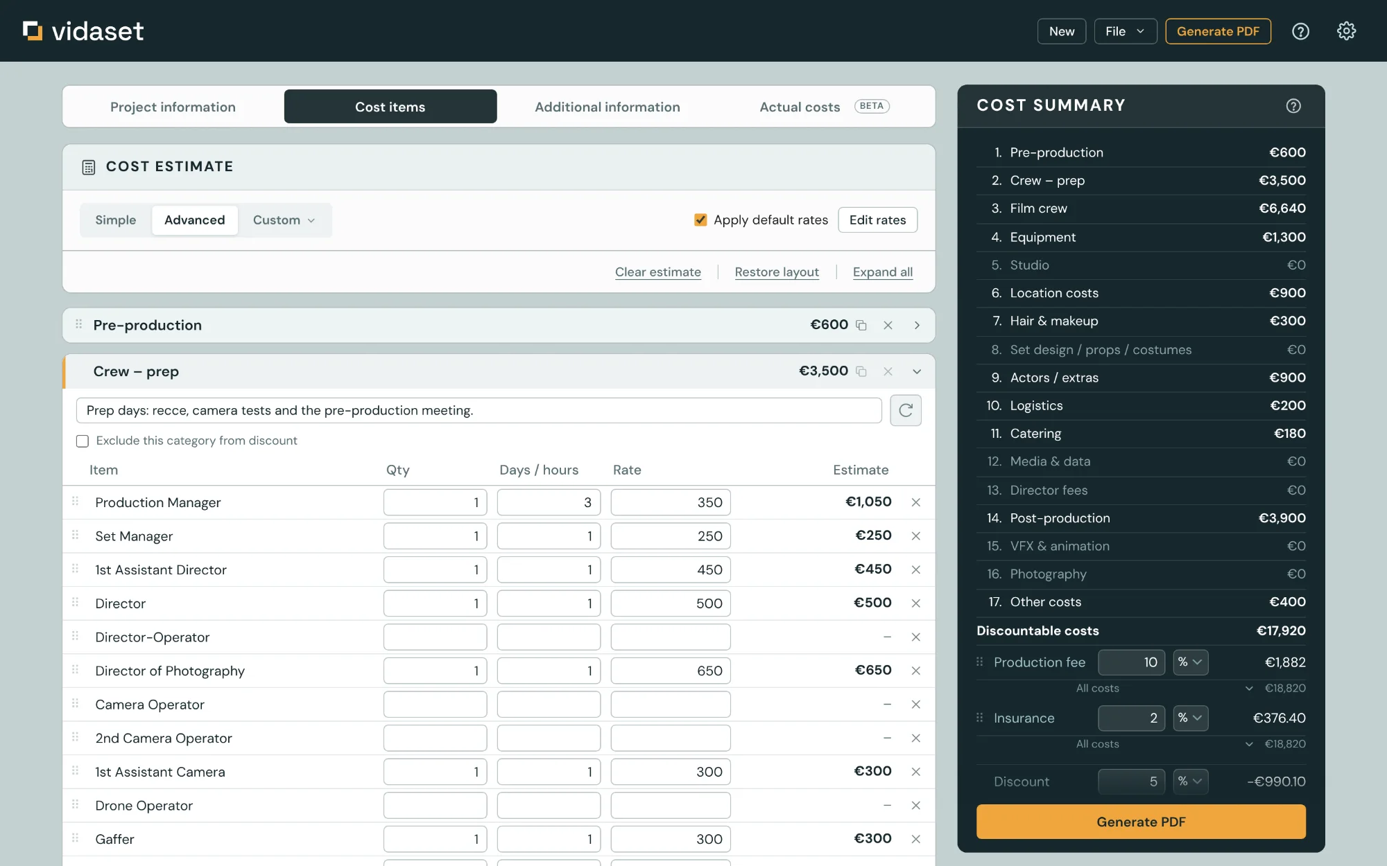Estimate using the Advanced item list, with prep days for the crew