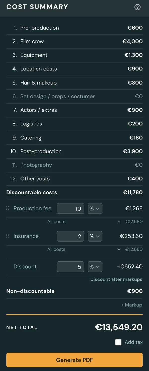 Cost summary panel with fees, markups and discount
