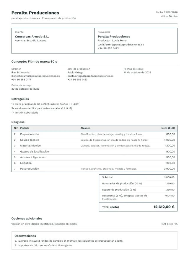Presupuesto de ejemplo con el diseño Classic invoice