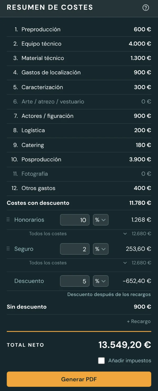 Panel de resumen con honorarios, recargos y descuento