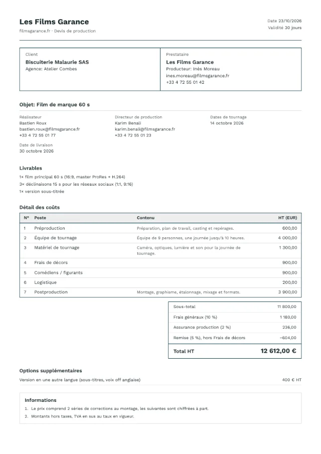 Exemple de devis dans la mise en page Classic invoice