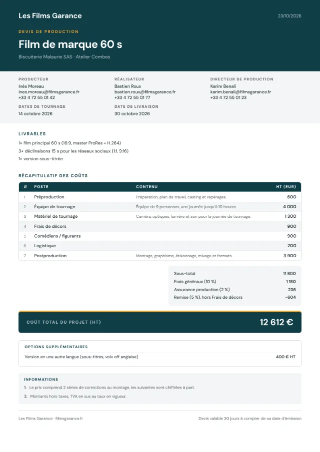 Première page d’un devis exporté en PDF