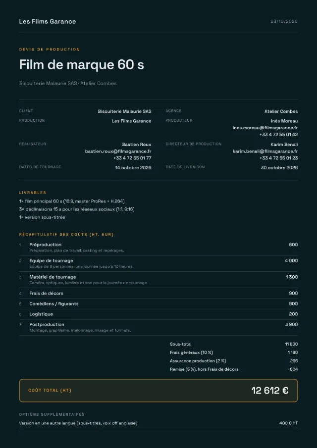 Exemple de devis dans la mise en page Dark