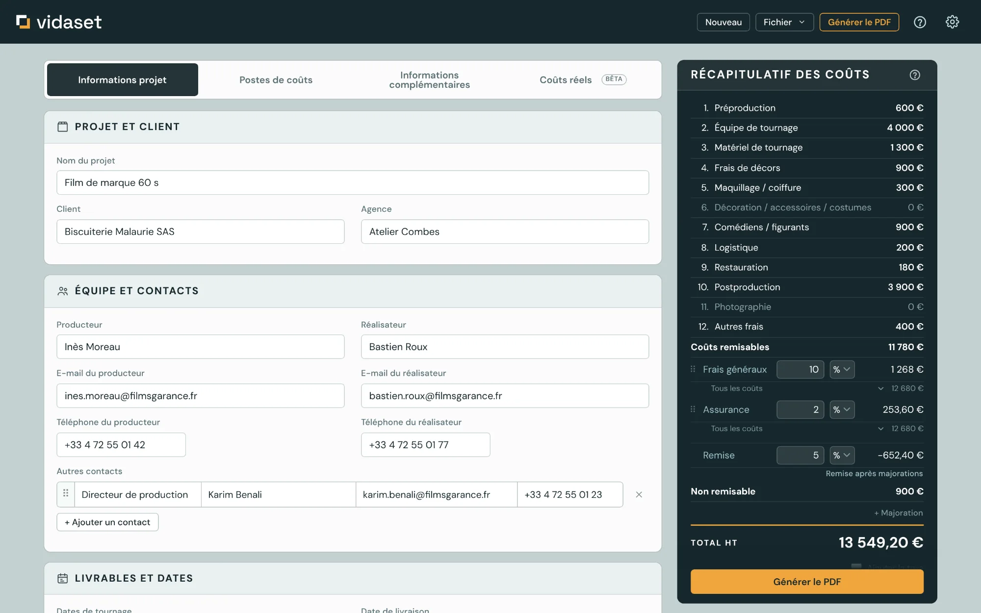 Formulaire des informations du projet