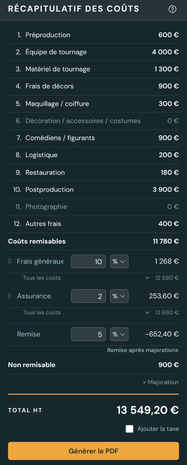 Panneau récapitulatif avec frais, majorations et remise