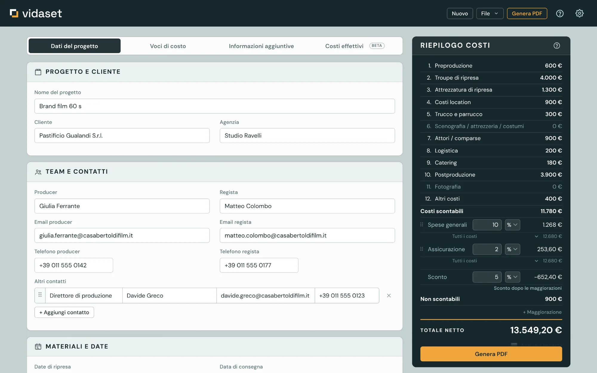 Modulo con i dati del progetto