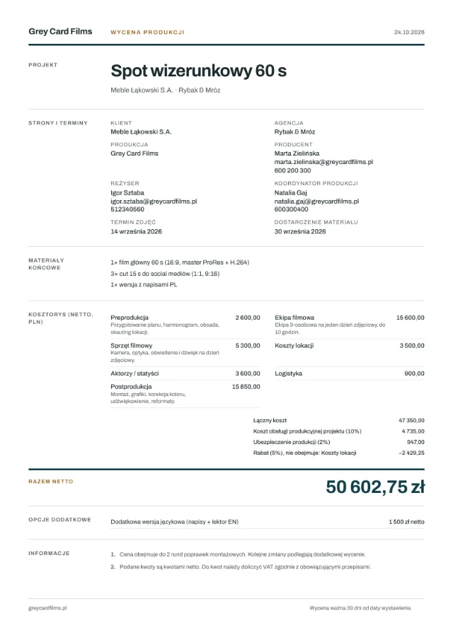 Przykładowa wycena w szablonie Swiss grid