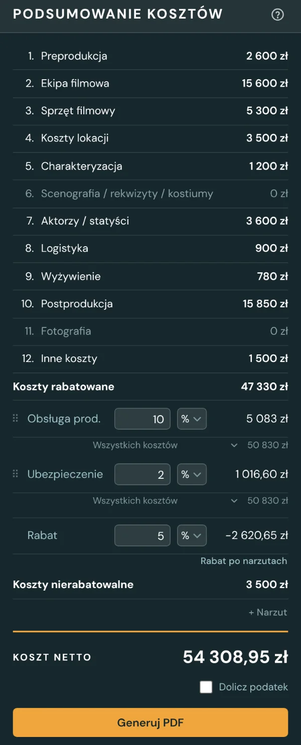 Panel podsumowania z obsługą produkcji, narzutami i rabatem
