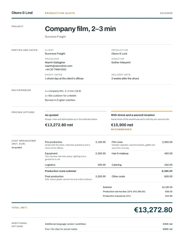 First page of the sample corporate video quote in PDF
