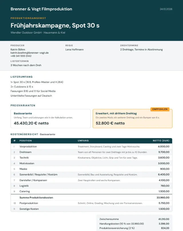 Musterangebot Werbespot als PDF, erste Seite