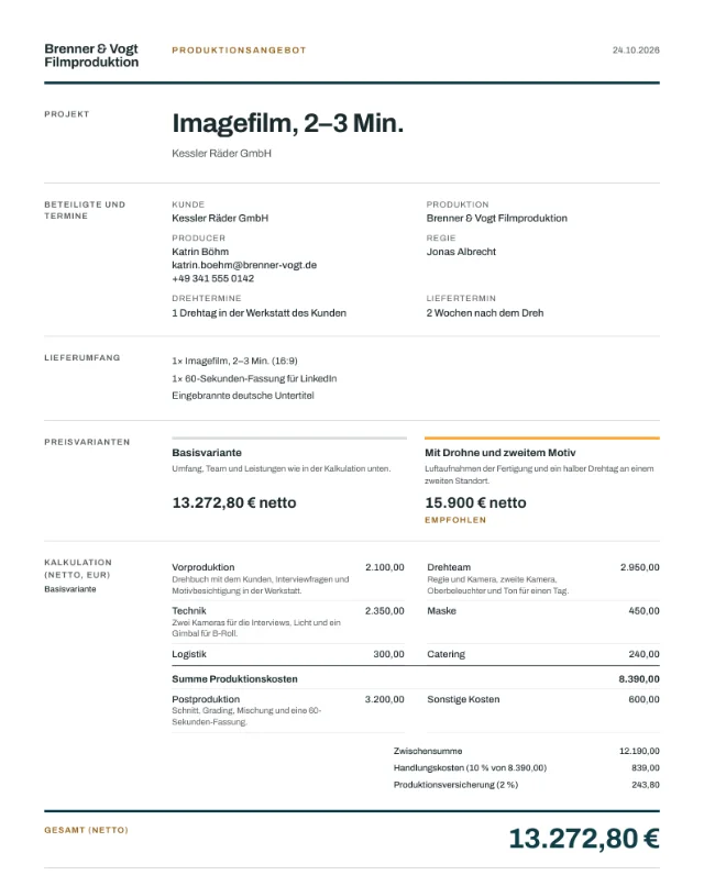 Musterangebot Imagefilm als PDF, erste Seite