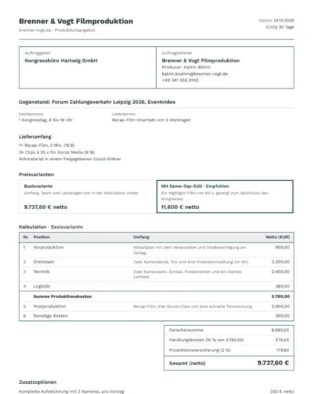 Musterangebot Eventvideo als PDF, erste Seite