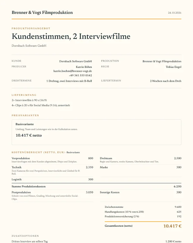 Musterangebot Testimonial-Video als PDF, erste Seite