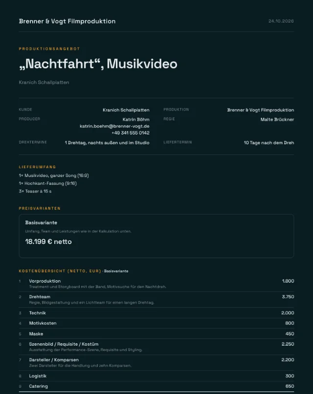 Musterangebot Musikvideo als PDF, erste Seite