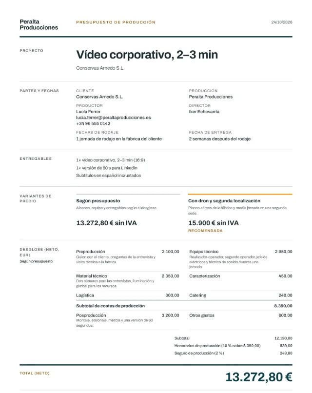 Presupuesto de ejemplo, vídeo corporativo, primera página del PDF