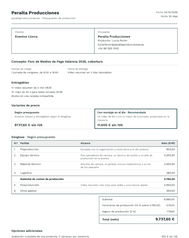 Presupuesto de ejemplo, grabación de eventos, primera página del PDF