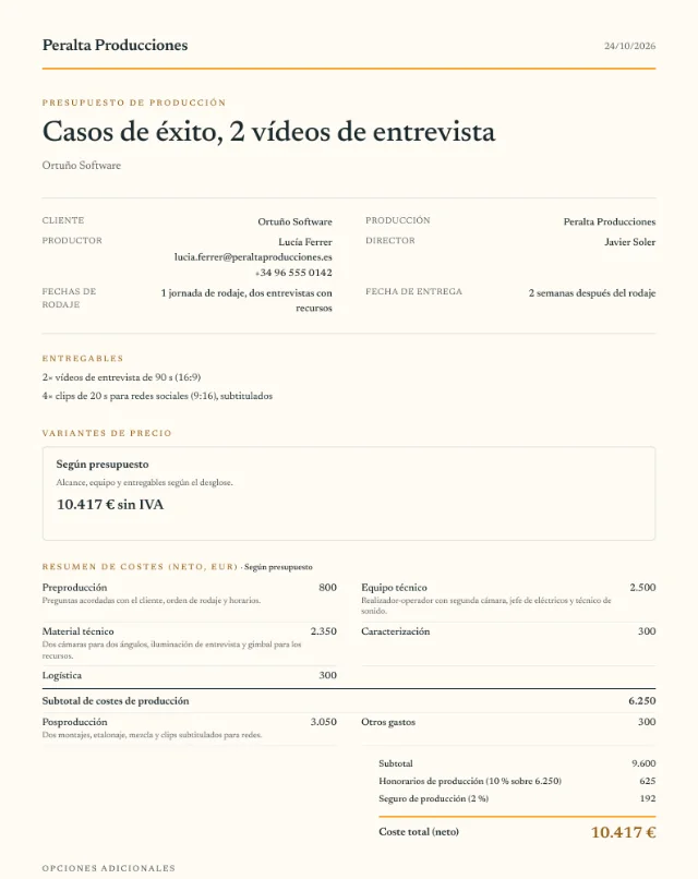Presupuesto de ejemplo, vídeo testimonial, primera página del PDF