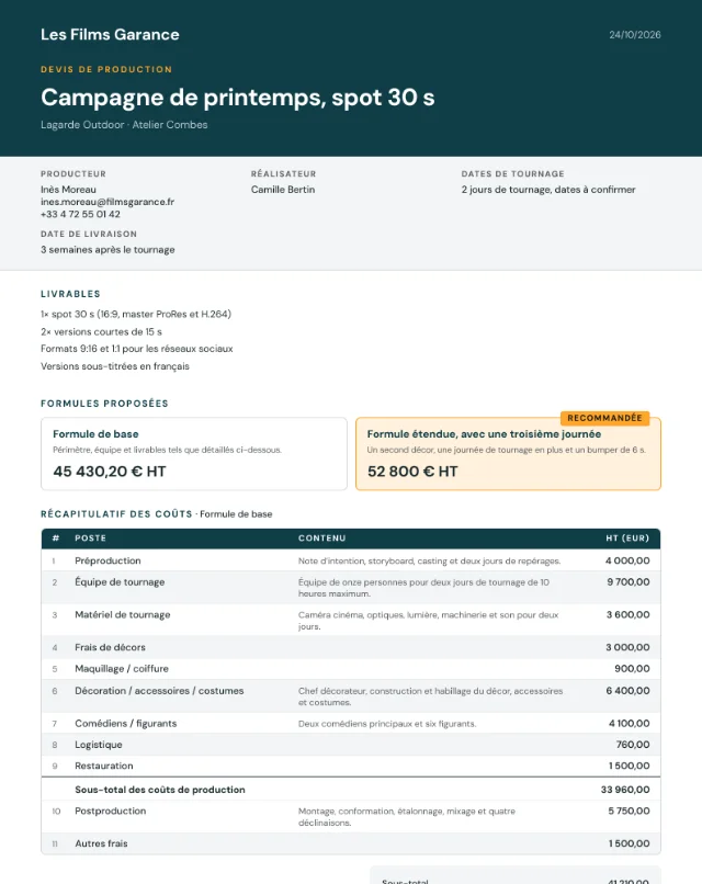 Exemple de devis, film publicitaire, première page du PDF