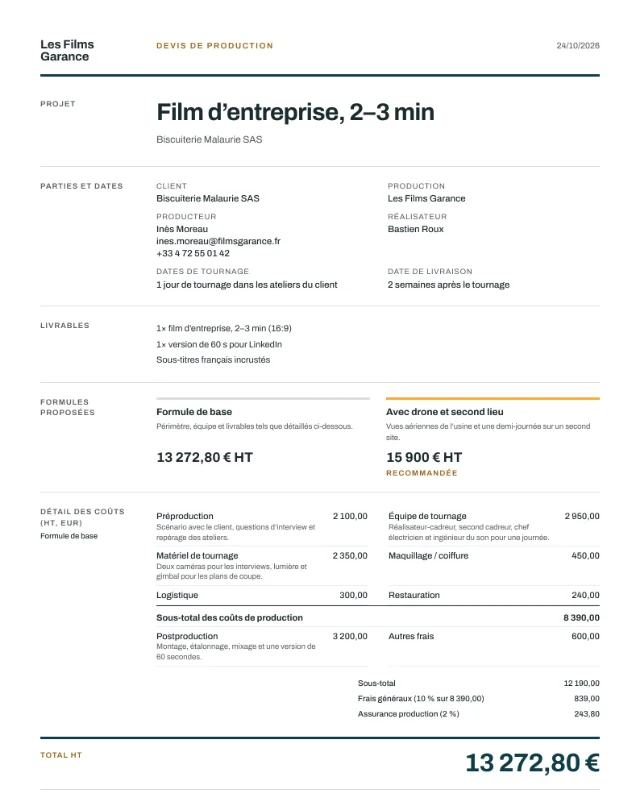 Exemple de devis, film d’entreprise, première page du PDF