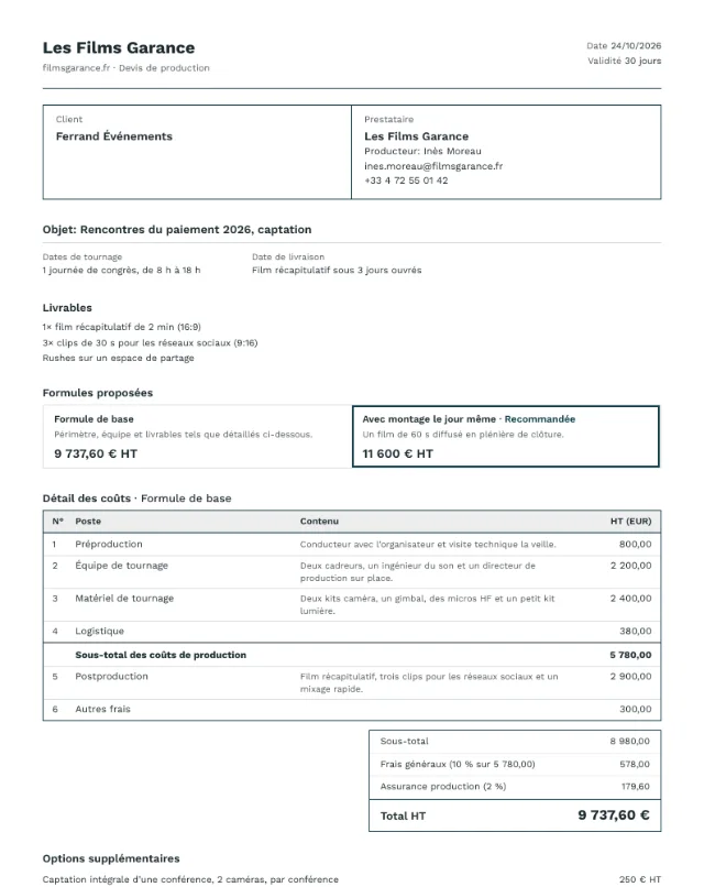 Exemple de devis, vidéo événementielle, première page du PDF