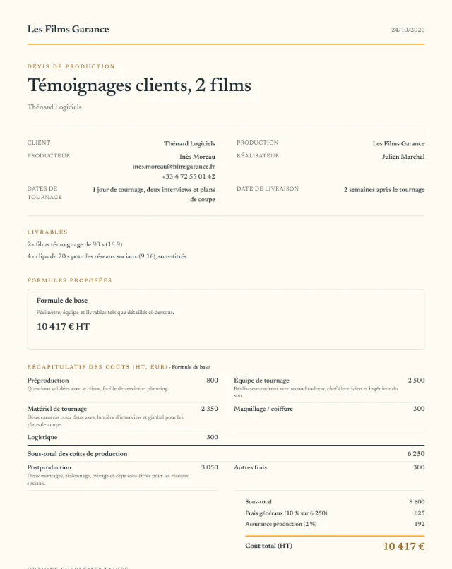 Exemple de devis, vidéo témoignage, première page du PDF
