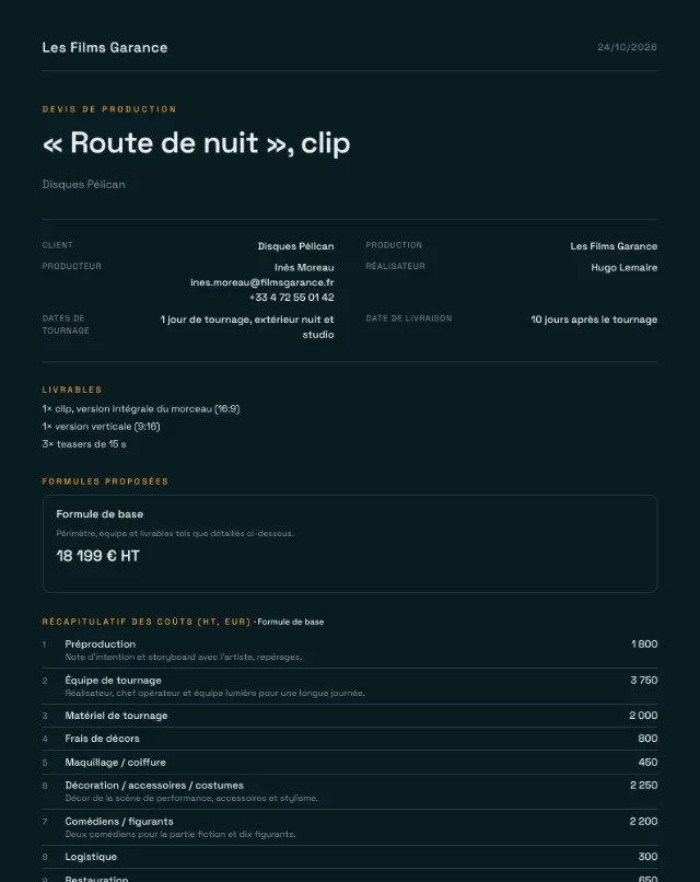 Exemple de devis, clip musical, première page du PDF