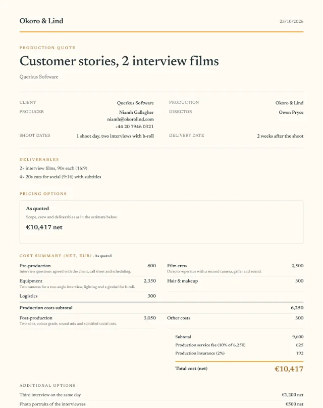 First page of the sample interview video quote in PDF