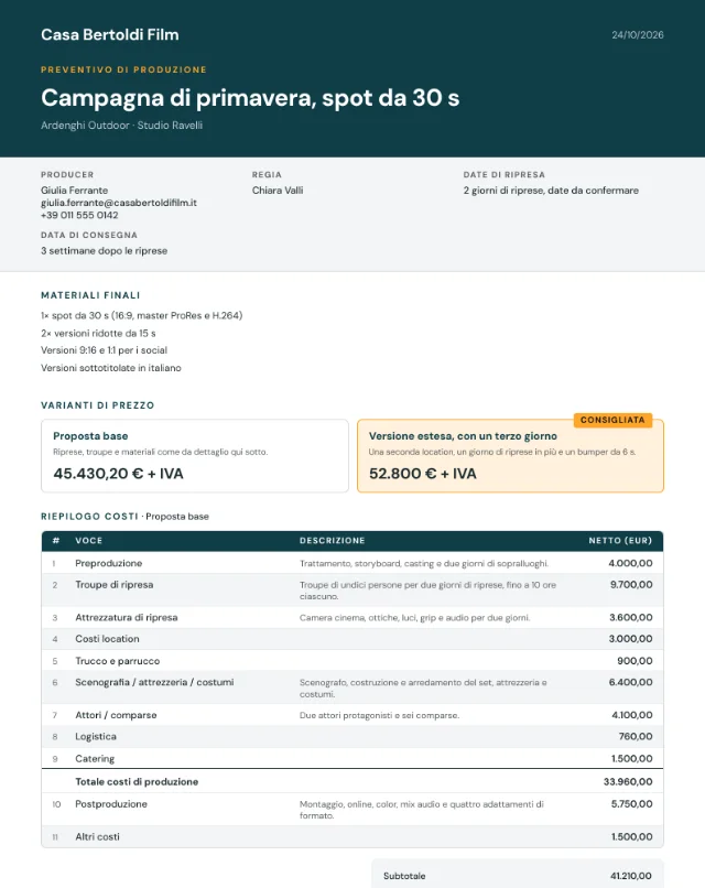 Preventivo di esempio, spot pubblicitario, prima pagina del PDF
