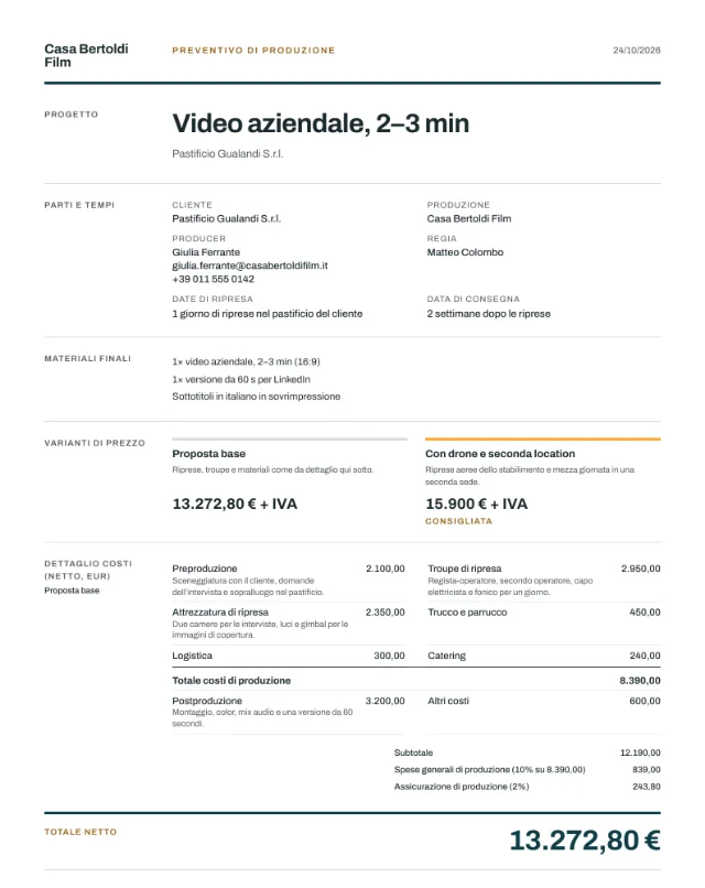 Preventivo di esempio, video aziendale, prima pagina del PDF