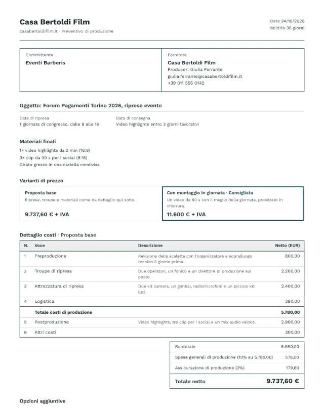 Preventivo di esempio, riprese di eventi, prima pagina del PDF