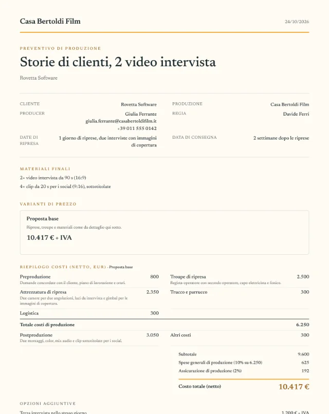 Preventivo di esempio, video intervista, prima pagina del PDF