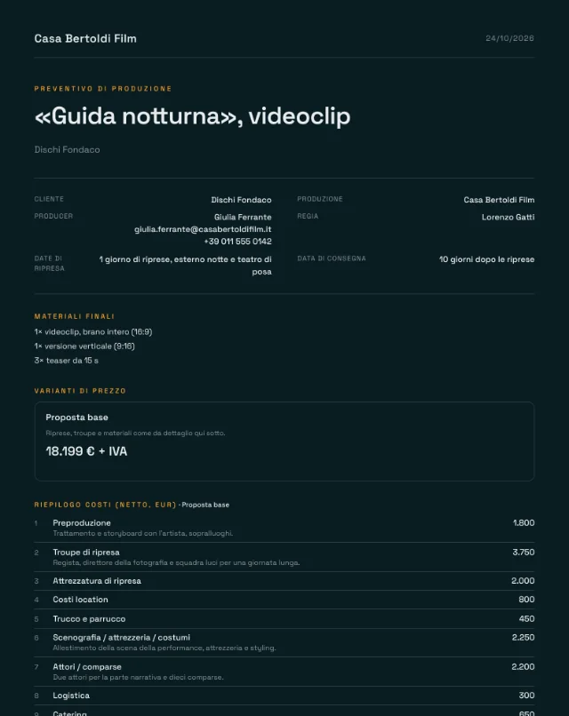 Preventivo di esempio, videoclip, prima pagina del PDF