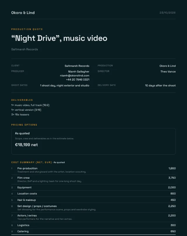 First page of the sample music video quote in PDF