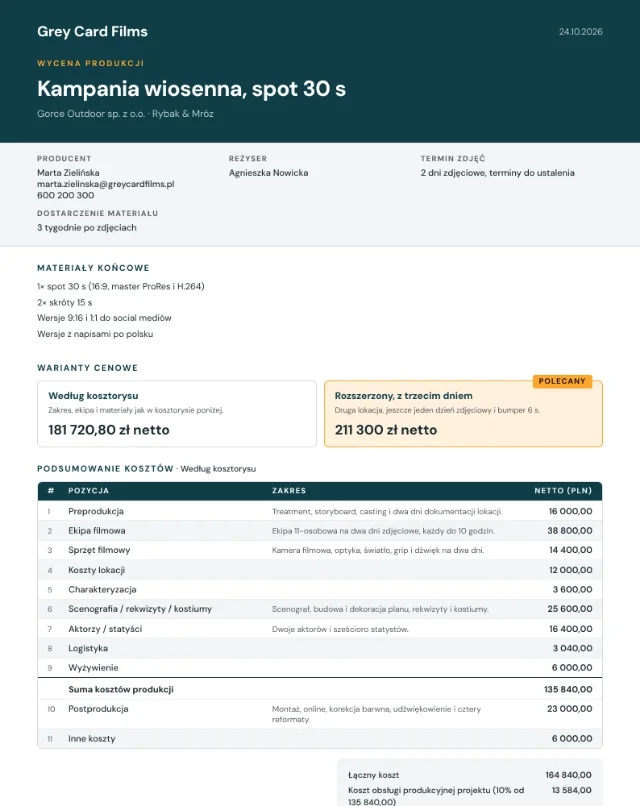 Przykładowa wycena, spot reklamowy, pierwsza strona PDF