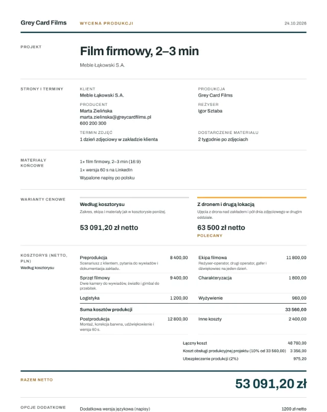 Przykładowa wycena, film firmowy, pierwsza strona PDF