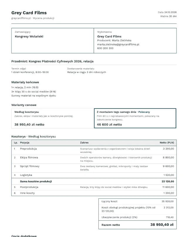 Przykładowa wycena, relacja z eventu, pierwsza strona PDF