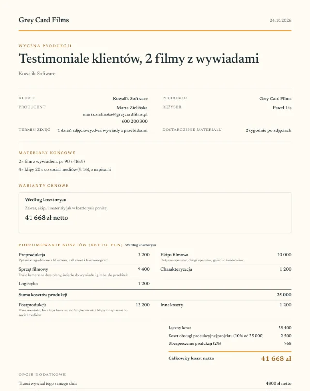 Przykładowa wycena, film z wywiadami, pierwsza strona PDF