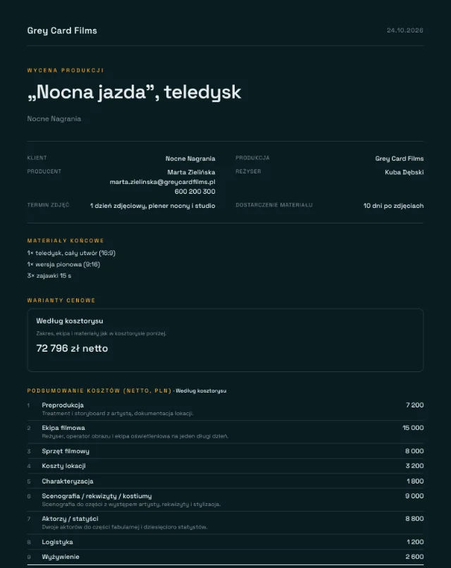 Przykładowa wycena, teledysk, pierwsza strona PDF