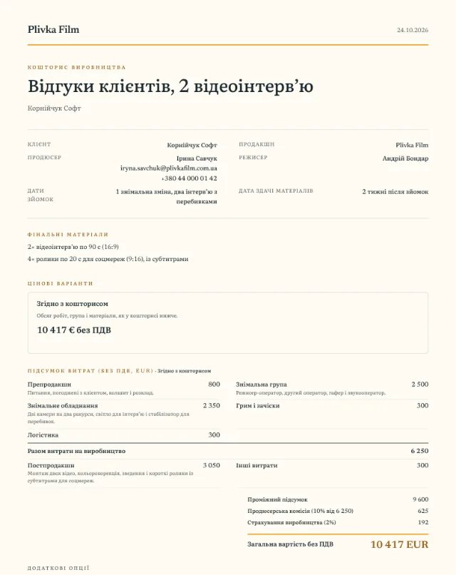 Приклад кошторису, відеоінтерв’ю, перша сторінка PDF