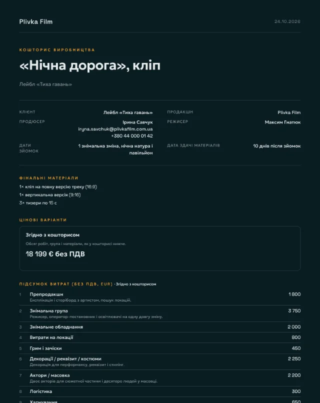 Приклад кошторису, музичний кліп, перша сторінка PDF
