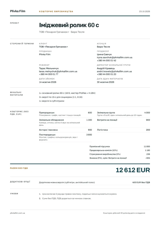 Приклад кошторису в макеті Swiss grid