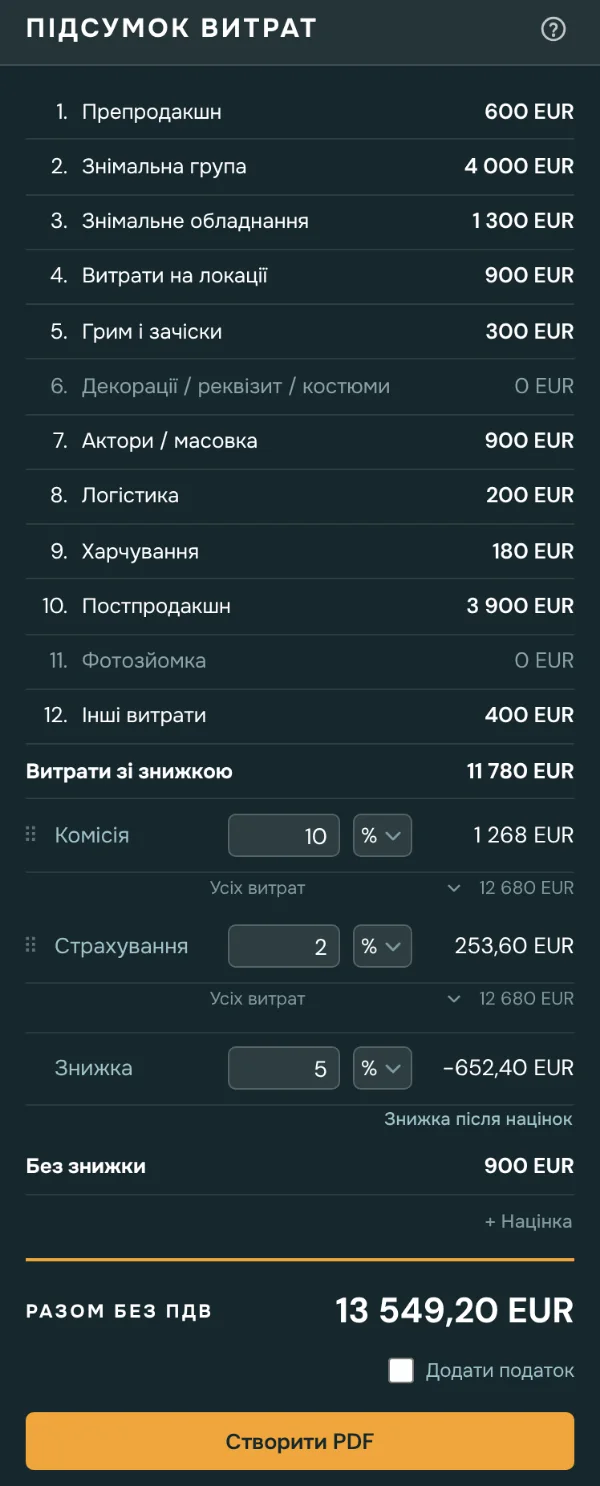 Панель підсумку з комісією, націнками й знижкою